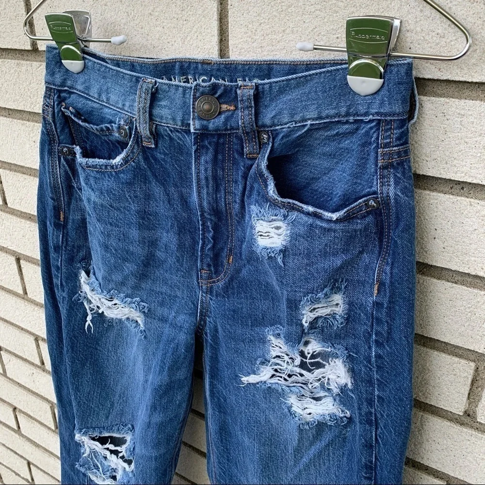 American Eagle 90s Boyfriend Distressed Ripped Destroyed Jeans Blue 00 Short - Picture 4 of 16